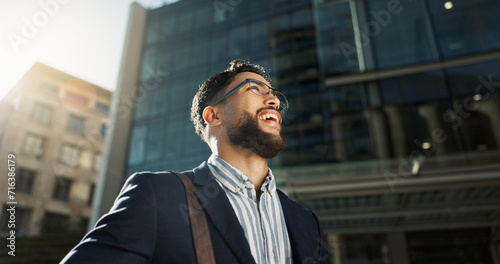 Photography Business, travel and happy man thinking in a city for vision for future, dream or opportunity