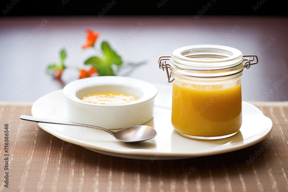 creme caramel with a caramel bottle beside