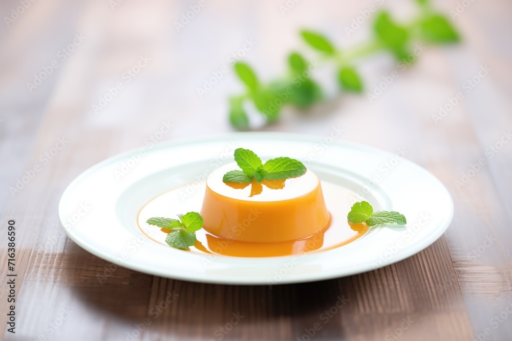 creme caramel with mint leaf on white plate creme caramel with mint leaf on white plate