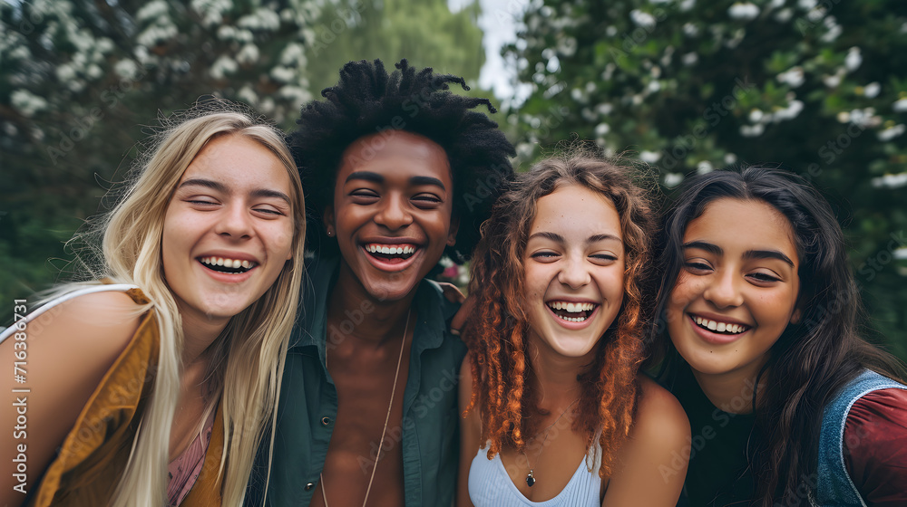 Group of young friends smiling and laughing on camera 