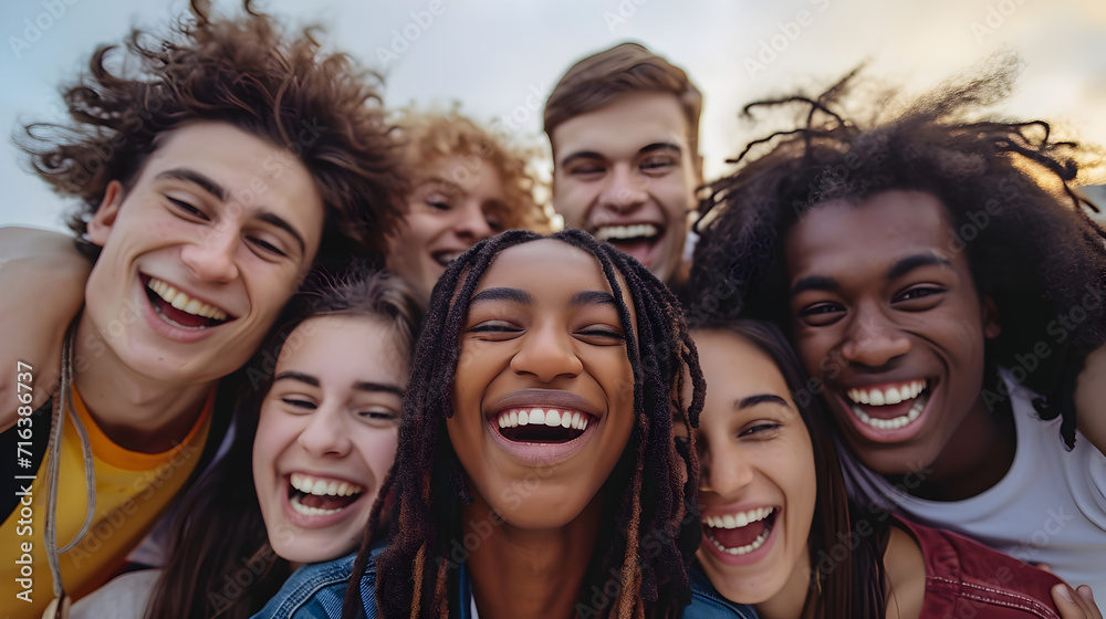 Obraz premium Group of young friends smiling and laughing on camera 