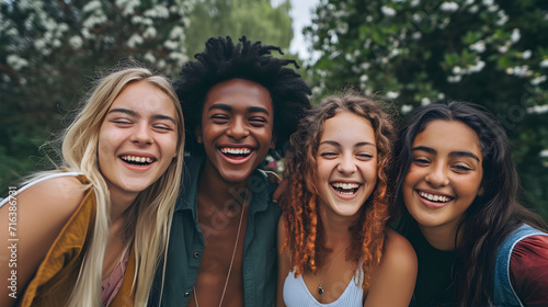 Group of young friends smiling and laughing on camera 