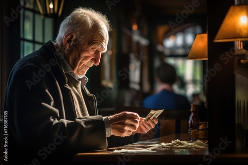 An elderly man is counting money to pay for an order in a cafe.