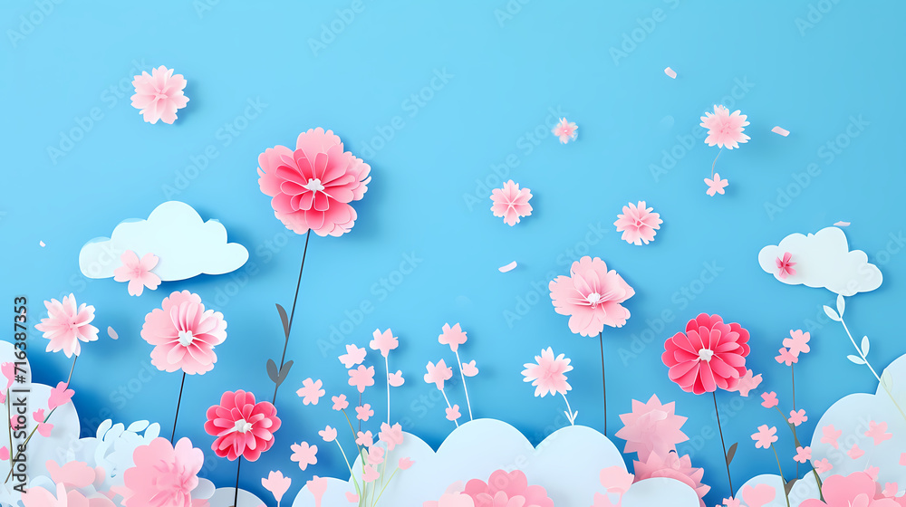 Blooming Flowers and Clouds in Blue Background Blooming Flowers and Clouds in Blue Background
