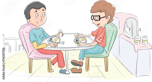 Two friends having breakfast in the cafe are chatting.