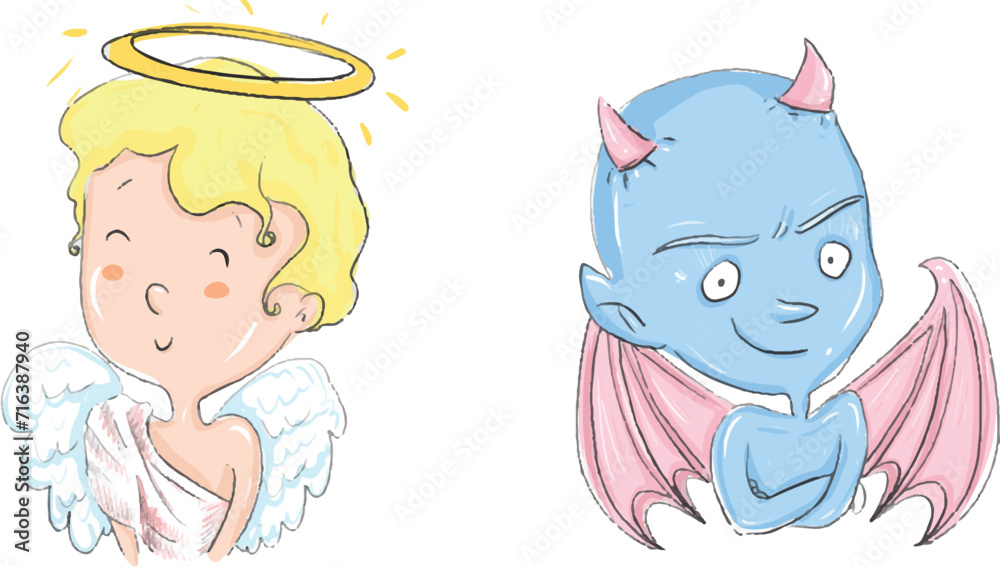 Cute angel character and sneaky devil character set.