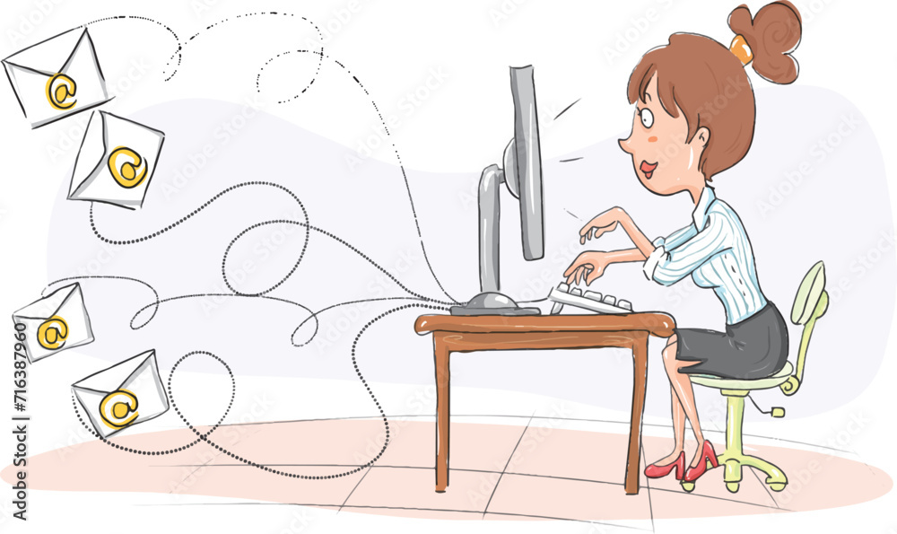 A woman is sending an e-mail from her computer. A woman is sending an e-mail from her computer.