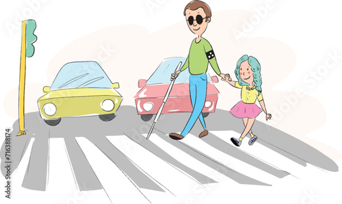 The little girl helping the blind man in traffic. The little girl helps the visually impaired man by holding his hand to cross the pedestrian crossing in traffic.