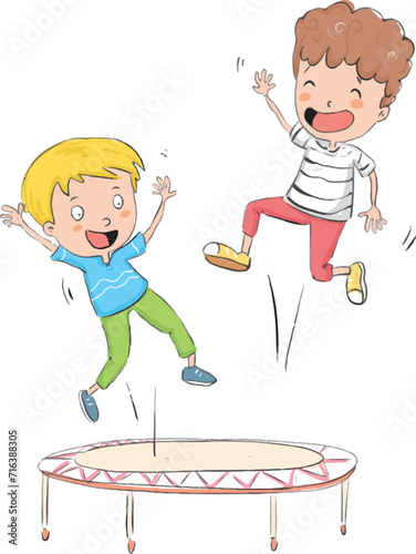 Two little children jumping on the trampoline.