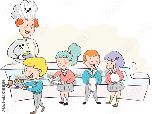Little students lining up in the school canteen.