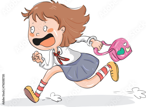 The little schoolgirl who is late for school is running.