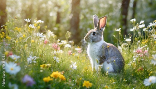Easter Bunny in a Meadow: The Easter bunny in a serene meadow, adorned with spring flowers and greenery.
