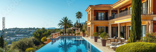 Banner with luxury villa with large swimming pool. 