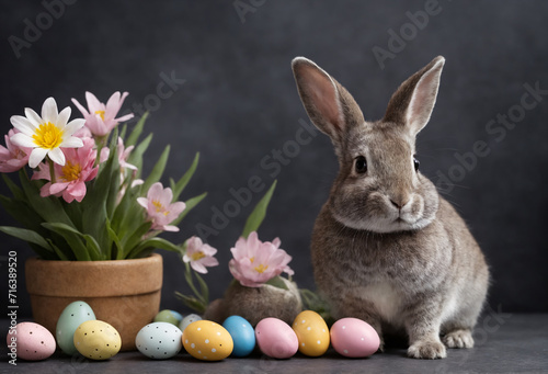 Happy Easter at home with spring flowers and a rabbit on a dark room background © Artem