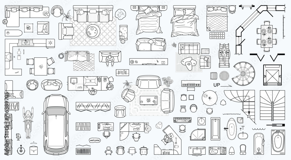 Collection of furniture and equipment top view for house plan. Interior icons set for bathrooms and living room, kitchen and bedroom (view from above). Vector blueprint for apartment floor plan - obrazy, fototapety, plakaty 