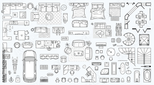 Collection of furniture and equipment top view for house plan. Interior icons set for bathrooms and living room, kitchen and bedroom (view from above). Vector blueprint for apartment floor plan photo