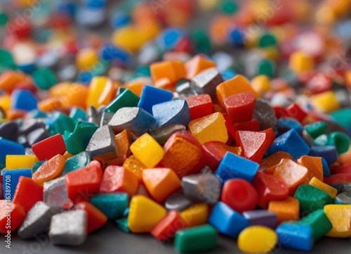 Crushed plastic and Polymer recycle industry on rainbow colored thermoplastic from AI Generative