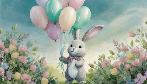 Easter Bunny with Pastel Balloons: The Easter bunny holding a bunch of pastel-colored balloons. photo