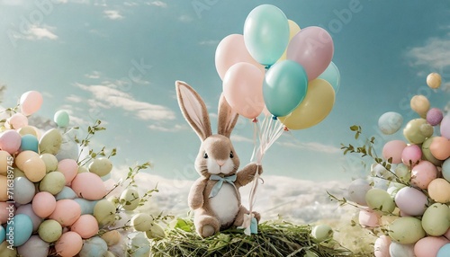 Easter Bunny with Pastel Balloons: The Easter bunny holding a bunch of pastel-colored balloons. photo