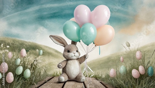 Easter Bunny with Pastel Balloons: The Easter bunny holding a bunch of pastel-colored balloons. photo