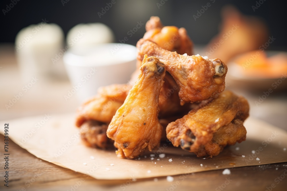 close-up on golden fried chicken wings close-up on golden fried chicken wings