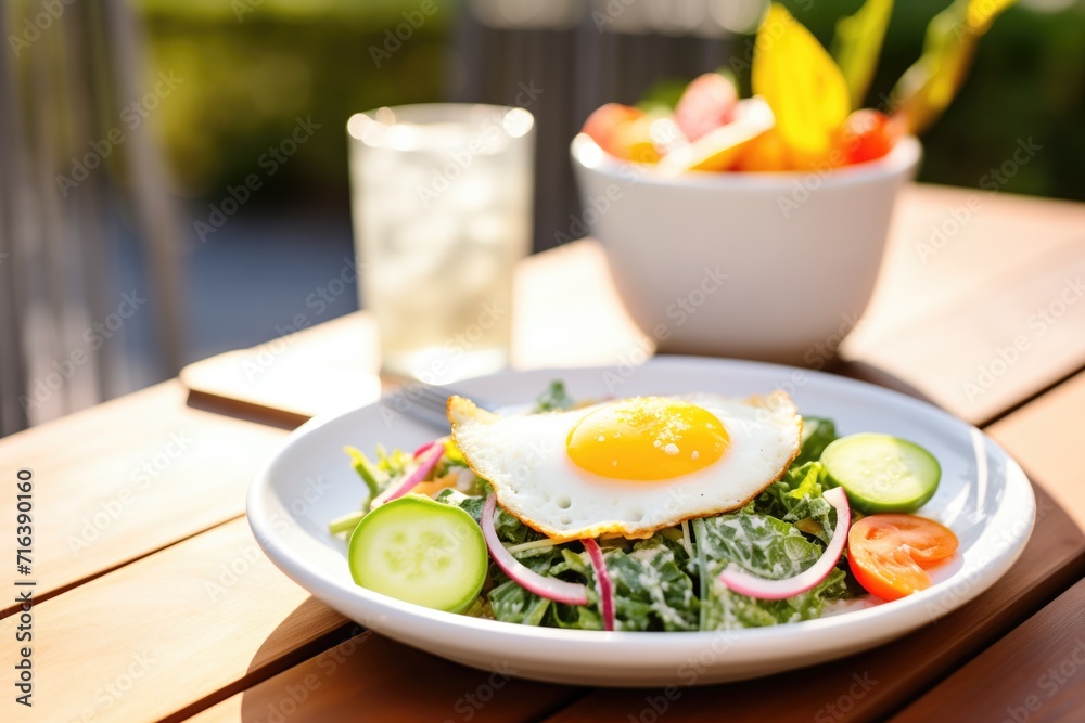 breakfast cactus salad with a sunny-side-up egg on top on an outdoor table breakfast cactus salad with a sunny-side-up egg on top on an outdoor table