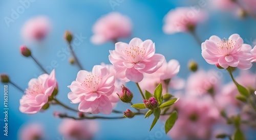 Flowers on an apple tree branch against a blurred sky