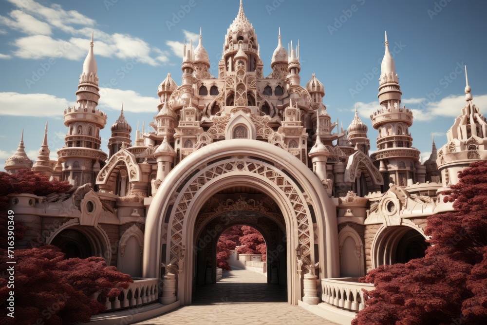 Castle Front with Grand Arched Gateway, on an isolated Deep Maroon background, Generative AI