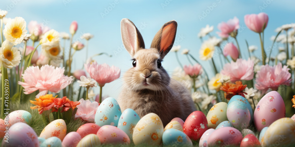 Easter poster and banner template with beautiful Easter multi-colored eggs,Easter bunny and flowers.Promotion and shopping template for Easter. Beautiful easter promotion banner.Copy space for text Easter poster and banner template with beautiful Easter multi-colored eggs,Easter bunny and flowers.Promotion and shopping template for Easter. Beautiful easter promotion banner.Copy space for text