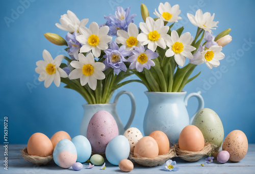 A still life of a Happy Easter at home with spring flowers and colorful eggs on the table.