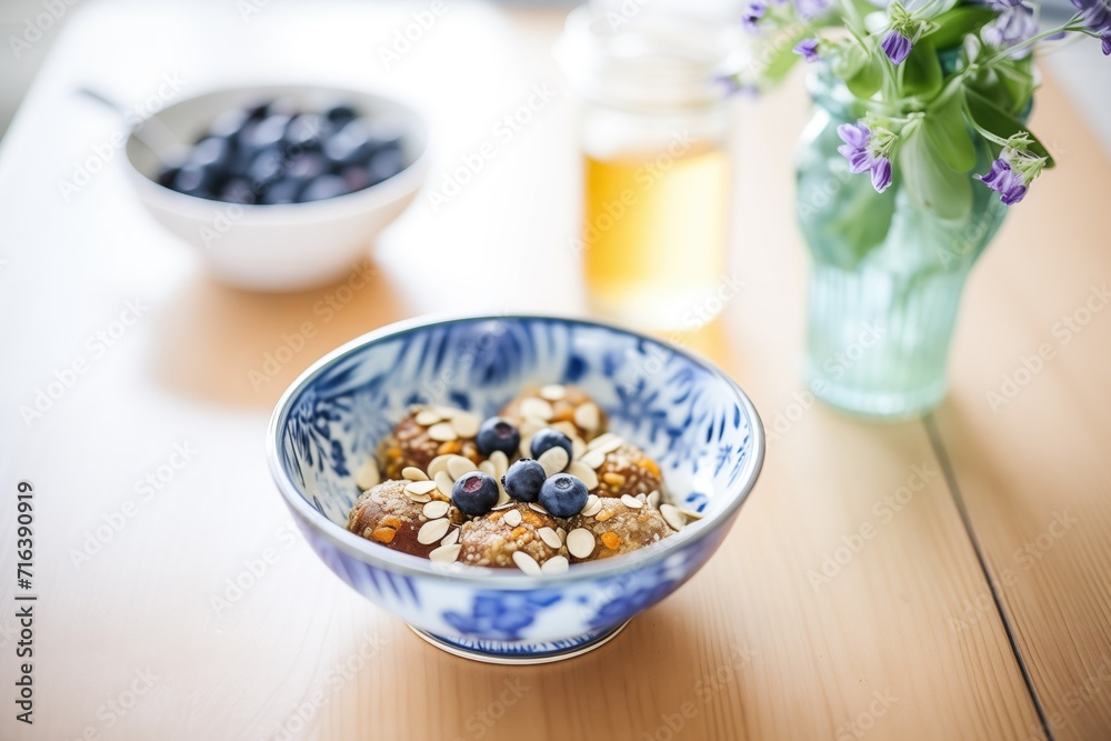 blueberries and oatmeal in breakfast bowl blueberries and oatmeal in breakfast bowl
