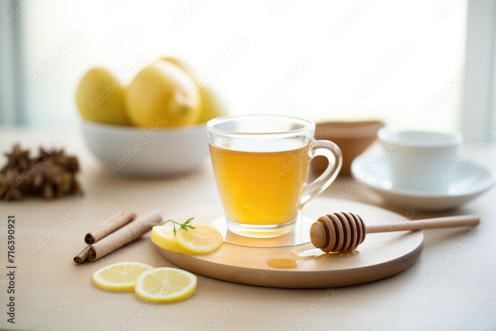 lemon slices and honey dipper beside steaming tea cup