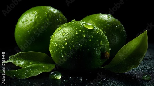 Fresh lime with water splashes and drops on black background