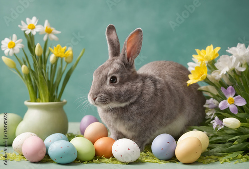 Happy Easter at home with spring flowers and a rabbit on a blue room background © Artem