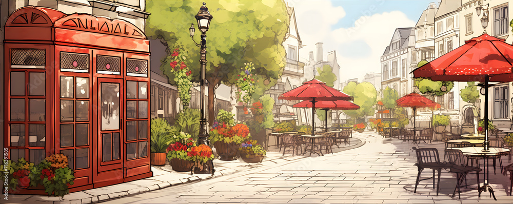 Fototapeta premium a beautiful cafe street with flowers and plants