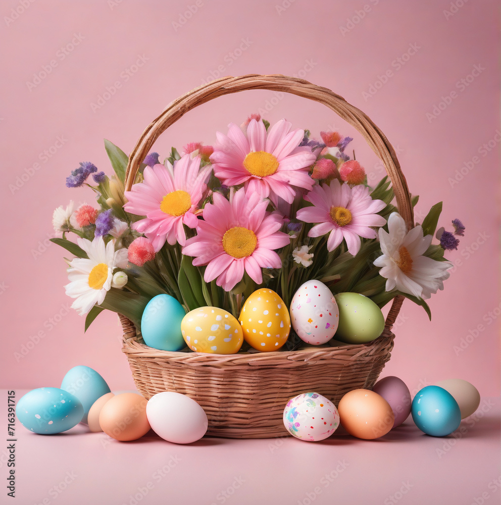 Basket with Pastel Eggs on Pink Background Basket with Pastel Eggs on Pink Background