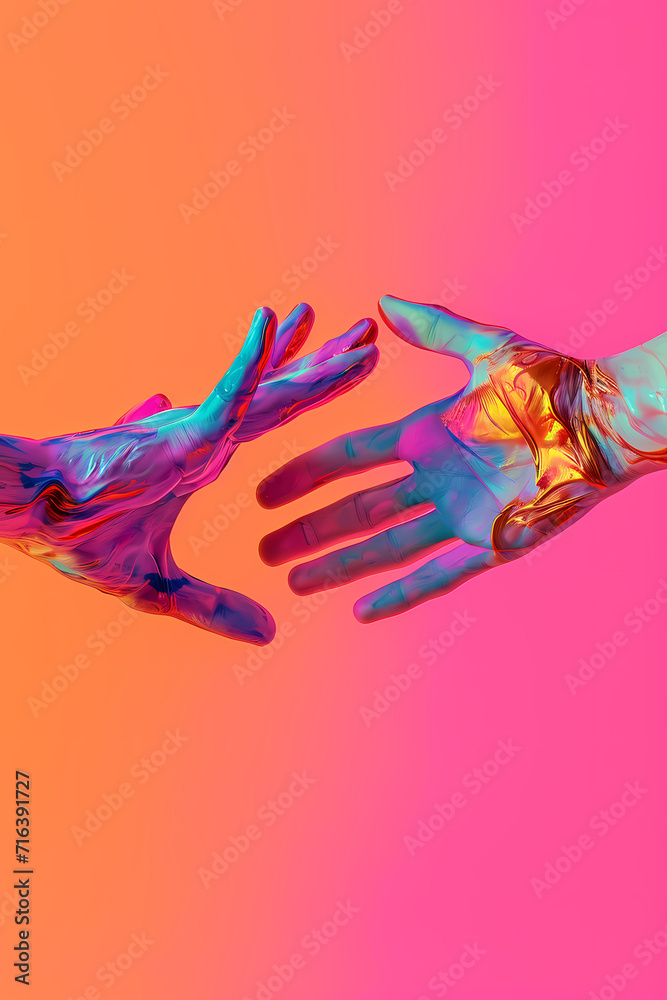 Chromatic Connection, Two Hands Reaching in Vibrant Artistry