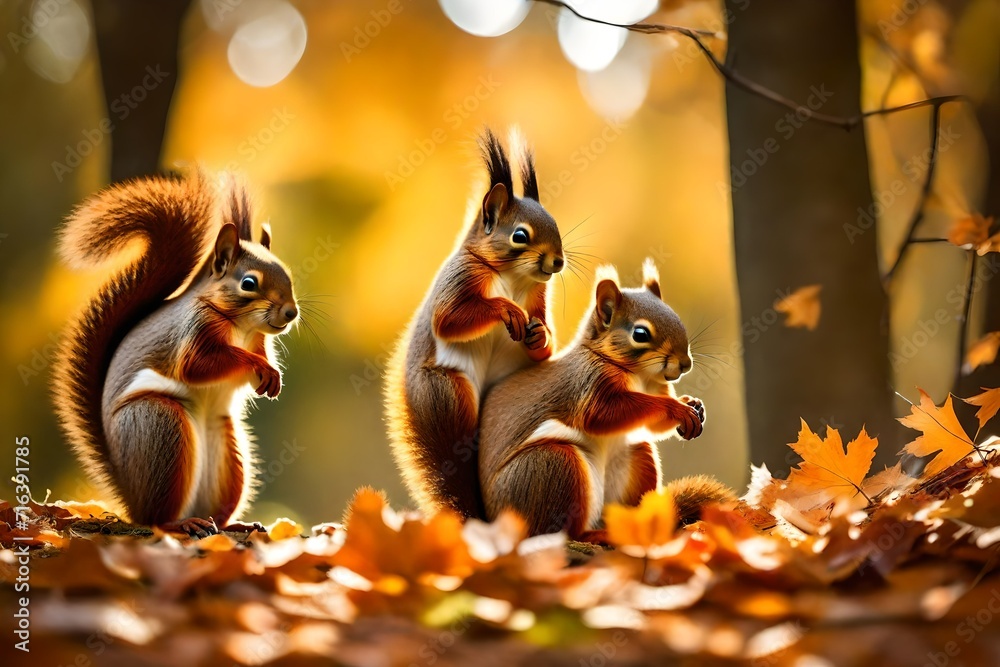 group of playful red squirrels engaged in acrobatic antics among autumn leaves, their fluffy tails and nimble movements capturing the essence of woodland charm group of playful red squirrels engaged in acrobatic antics among autumn leaves, their fluffy tails and nimble movements capturing the essence of woodland charm