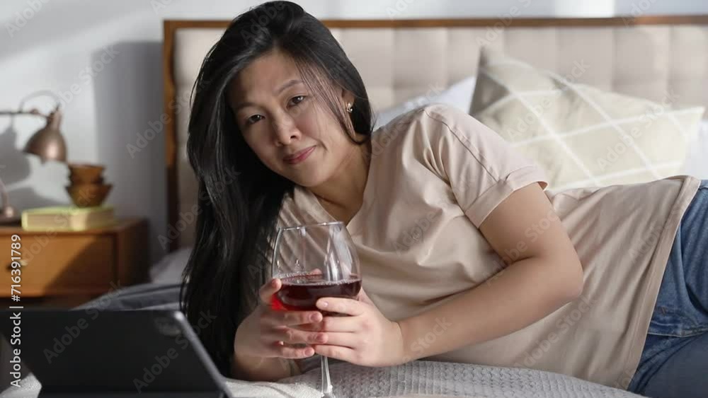 Happy beautiful woman in casual clothes talking on video call on digital tablet lying on the bed. Work from home education online. Playing game shopping online relaxing Happy beautiful woman in casual clothes talking on video call on digital tablet lying on the bed. Work from home education online. Playing game shopping online relaxing