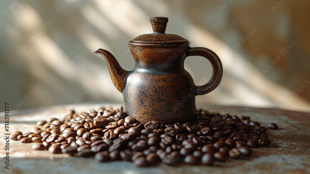 Coffee beans artistically placed to form the silhouette of a coffee pot on a chic, muted background,