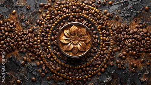 A symmetrical arrangement of coffee beans creating a mandala pattern on a refined, earth-toned canvas,