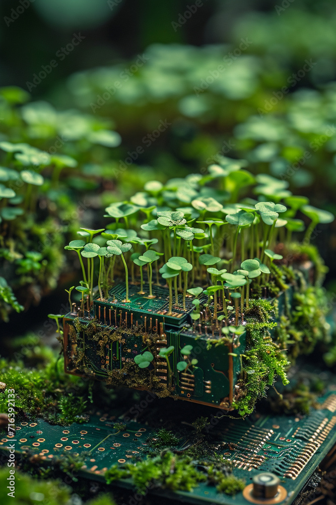 Microgreens growing on an old circuit board, transforming it into a piece of bio-art, Microgreens growing on an old circuit board, transforming it into a piece of bio-art,