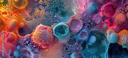 Colorful microscopic view of cells in petri dish. Scientific research. photo