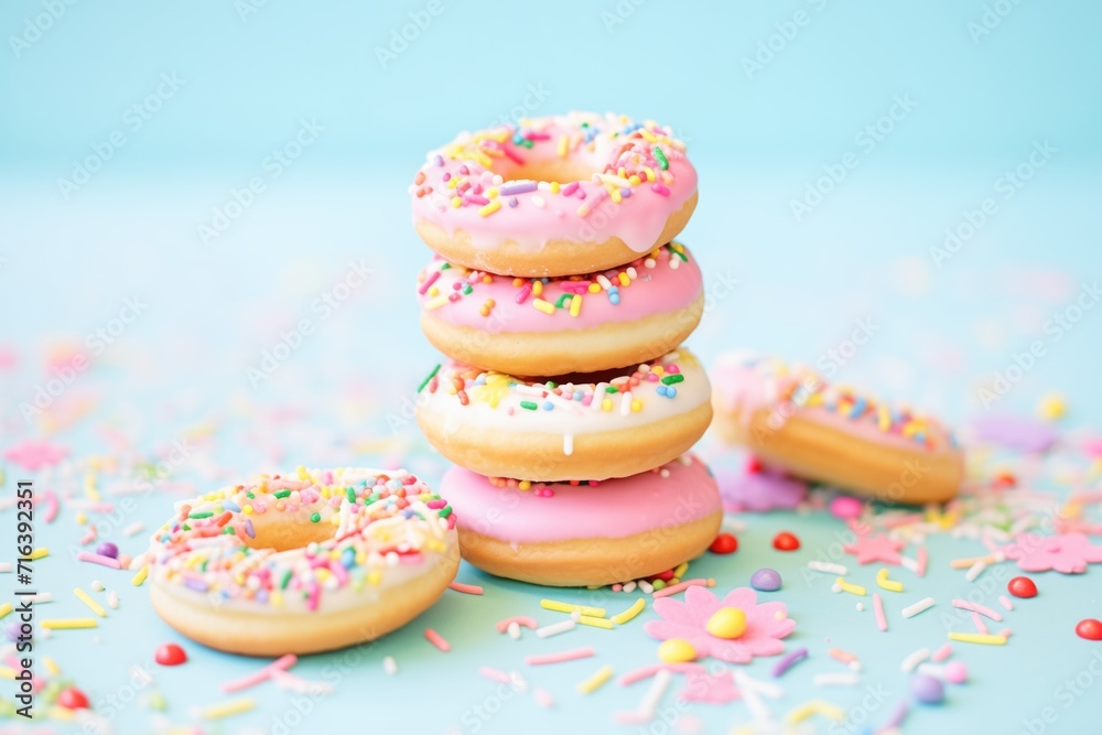 pile of sugary doughnuts with colorful sprinkles