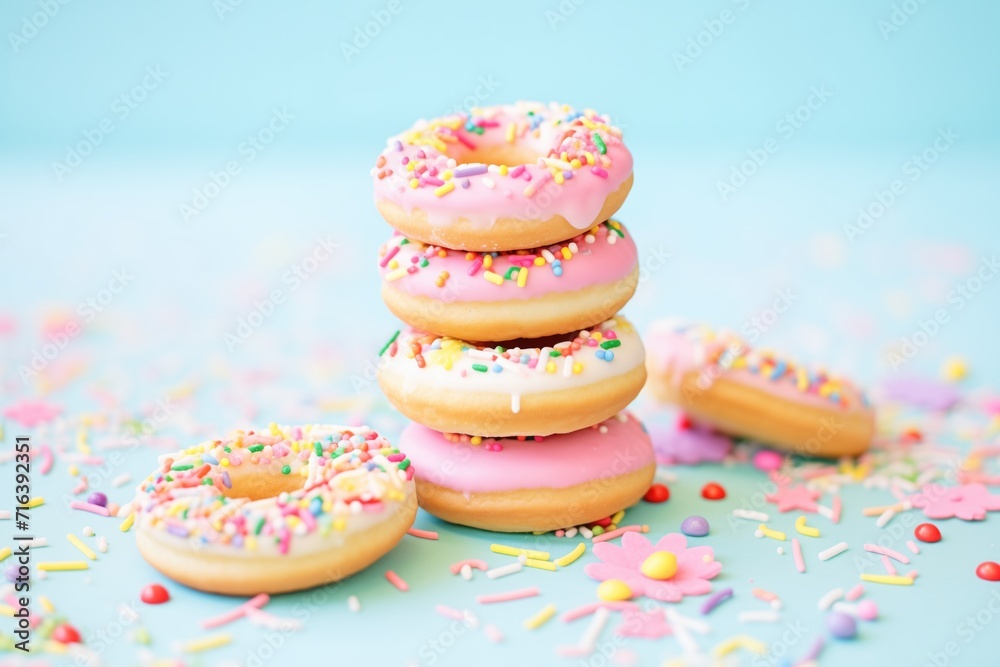 pile of sugary doughnuts with colorful sprinkles pile of sugary doughnuts with colorful sprinkles