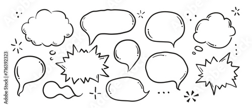 Set of hand drawn speech bubble sketch comic doodle style speech bubble for text quote. Doodle outline dialog balloon. Vector illustration.