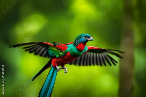 Flying Resplendent Quetzal, Pharomachrus mocinno, Savegre in Costa Rica, with green forest in background. Magnificent sacred green and red bird