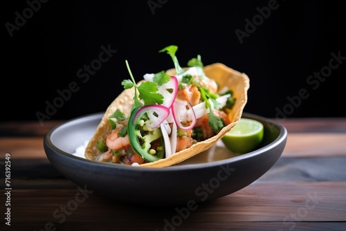 seafood chalupa with shrimp and lime wedge photo