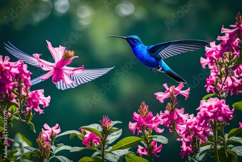 Glossy blue bird in flight. Hummingbird Violet Sabrewing flying next to beautiful pink flower, Costa Rica. Wildlife scene from nature