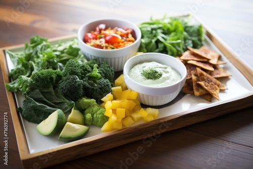vegan snack platter featuring kale chips and dips